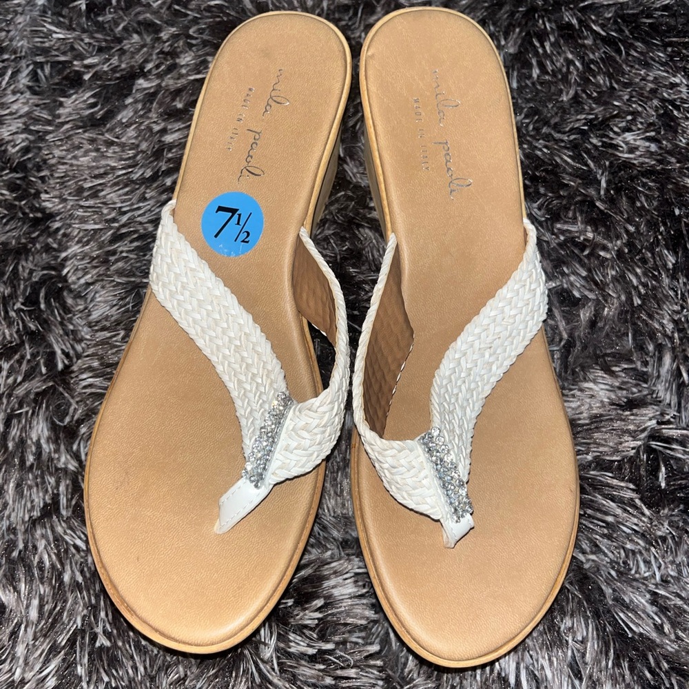 Mila Paoli Wedge Heeled Rhinestone Flip Flops